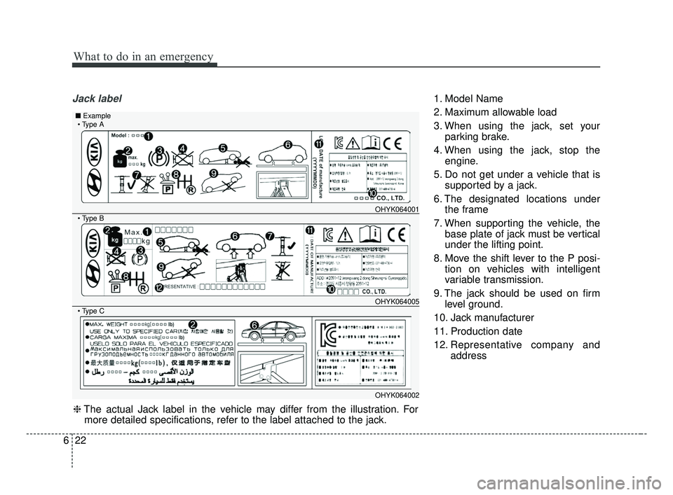 KIA FORTE 2019 Owners Manual What to do in an emergency
22
6
Jack label1. Model Name
2. Maximum allowable load
3. When using the jack, set your
parking brake.
4. When using the jack, stop the engine.
5. Do not get under a vehicle KIA FORTE 2019 Owners Manual What to do in an emergency
22
6
Jack label1. Model Name
2. Maximum allowable load
3. When using the jack, set your
parking brake.
4. When using the jack, stop the engine.
5. Do not get under a vehicle