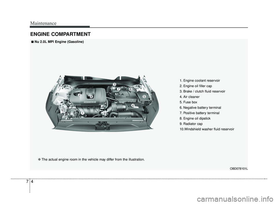 KIA FORTE 2019  Owners Manual Maintenance
47
ENGINE COMPARTMENT
OBD078101L
❈The actual engine room in the vehicle may differ from the illustration. 1. Engine coolant reservoir
2. Engine oil filler cap
3. Brake / clutch fluid res
