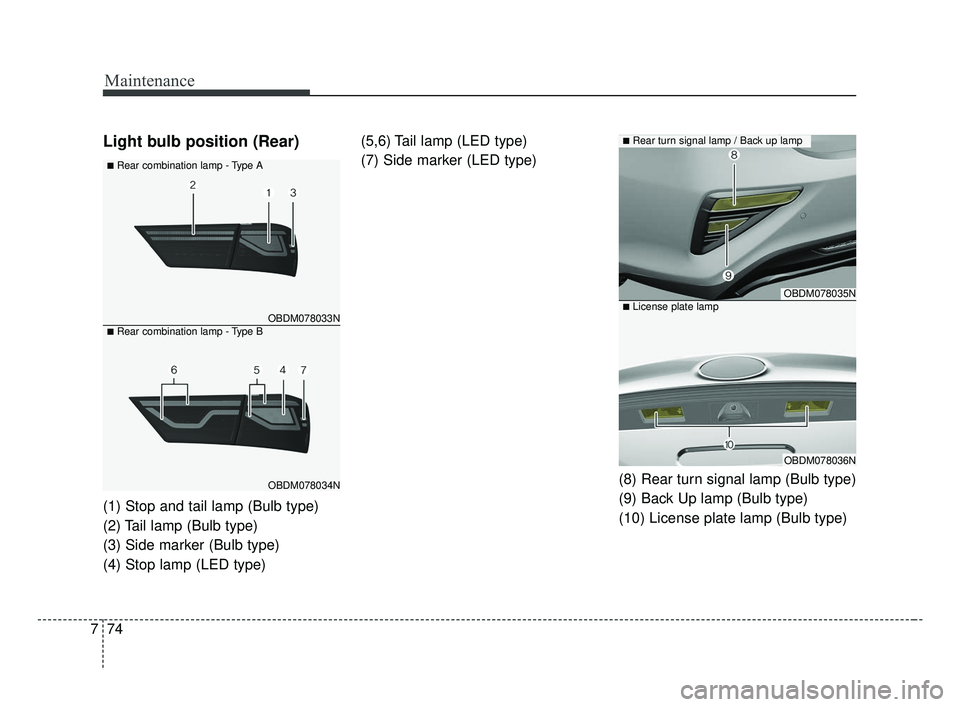 KIA FORTE 2019 Owners Manual Maintenance
74
7
Light bulb position (Rear)
(1) Stop and tail lamp (Bulb type)
(2) Tail lamp (Bulb type)
(3) Side marker (Bulb type)
(4) Stop lamp (LED type) (5,6) Tail lamp (LED type)
(7) Side marker KIA FORTE 2019 Owners Manual Maintenance
74
7
Light bulb position (Rear)
(1) Stop and tail lamp (Bulb type)
(2) Tail lamp (Bulb type)
(3) Side marker (Bulb type)
(4) Stop lamp (LED type) (5,6) Tail lamp (LED type)
(7) Side marker