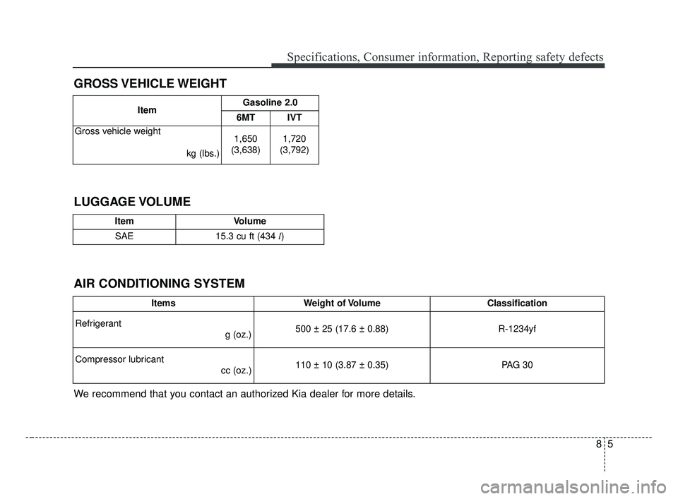 KIA FORTE 2019 Owners Manual 85
Specifications, Consumer information, Reporting safety defects
GROSS VEHICLE WEIGHT
AIR CONDITIONING SYSTEM LUGGAGE VOLUME
We recommend that you contact an authorized Kia dealer for more details.
I KIA FORTE 2019 Owners Manual 85
Specifications, Consumer information, Reporting safety defects
GROSS VEHICLE WEIGHT
AIR CONDITIONING SYSTEM LUGGAGE VOLUME
We recommend that you contact an authorized Kia dealer for more details.
I
