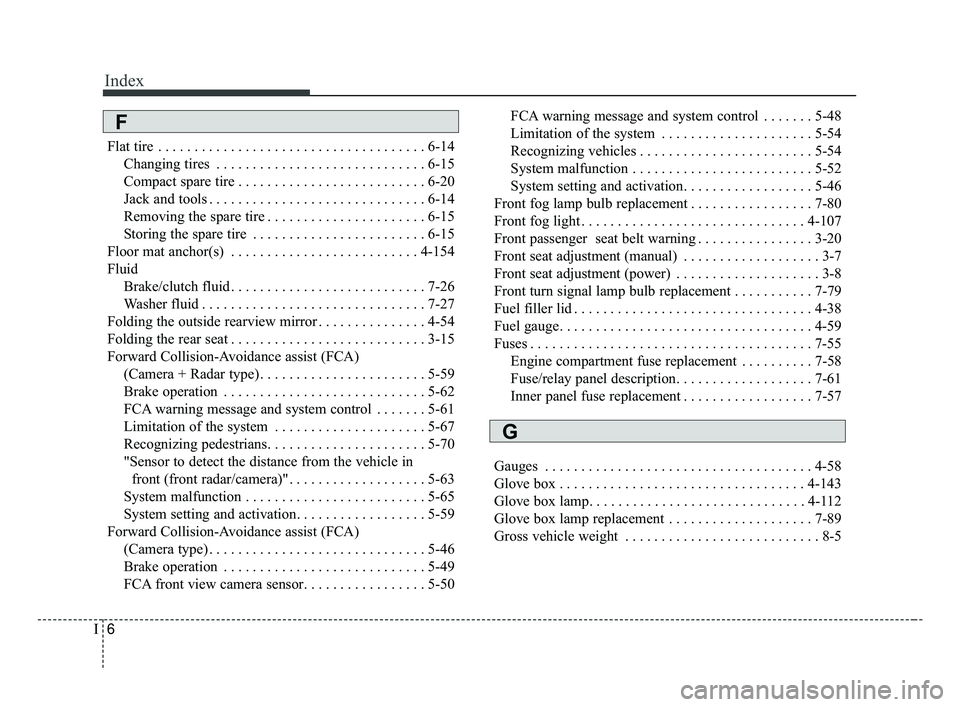 KIA FORTE 2019  Owners Manual Index
6I
Flat tire . . . . . . . . . . . . . . . . . . . . . . . . . . . . . . . . . . . . \
. 6-14Changing tires . . . . . . . . . . . . . . . . . . . . . . . . . . . . . 6-15
Compact spare tire . . 