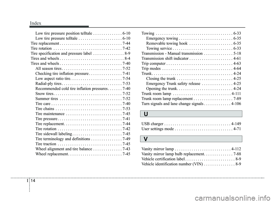 KIA FORTE 2019 Owners Manual Index
14I
Low tire pressure position telltale . . . . . . . . . . . . . . 6-10
Low tire pressure telltale . . . . . . . . . . . . . . . . . . . . . 6-10
Tire replacement . . . . . . . . . . . . . . . KIA FORTE 2019 Owners Manual Index
14I
Low tire pressure position telltale . . . . . . . . . . . . . . 6-10
Low tire pressure telltale . . . . . . . . . . . . . . . . . . . . . 6-10
Tire replacement . . . . . . . . . . . . . . .