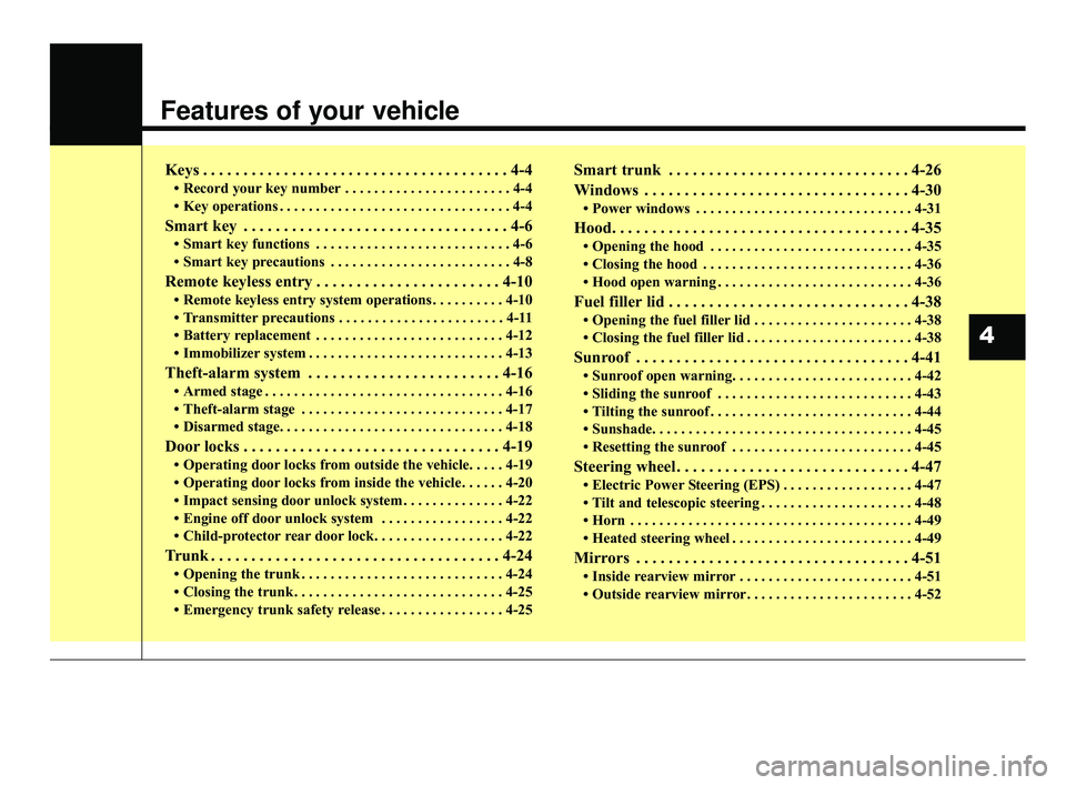 KIA FORTE 2019 User Guide Features of your vehicle
Keys . . . . . . . . . . . . . . . . . . . . . . . . . . . . . . . . . . . . \
. . 4-4
• Record your key number . . . . . . . . . . . . . . . . . . . . . . . 4-4
• Key ope