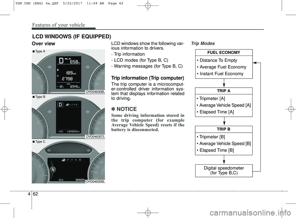 KIA FORTE 2018  Owners Manual Features of your vehicle
62
4
Over viewLCD windows show the following var-
ious information to drivers.
- Trip information
- LCD modes (for Type B, C)
- Warning messages (for Type B, C)
Trip informati
