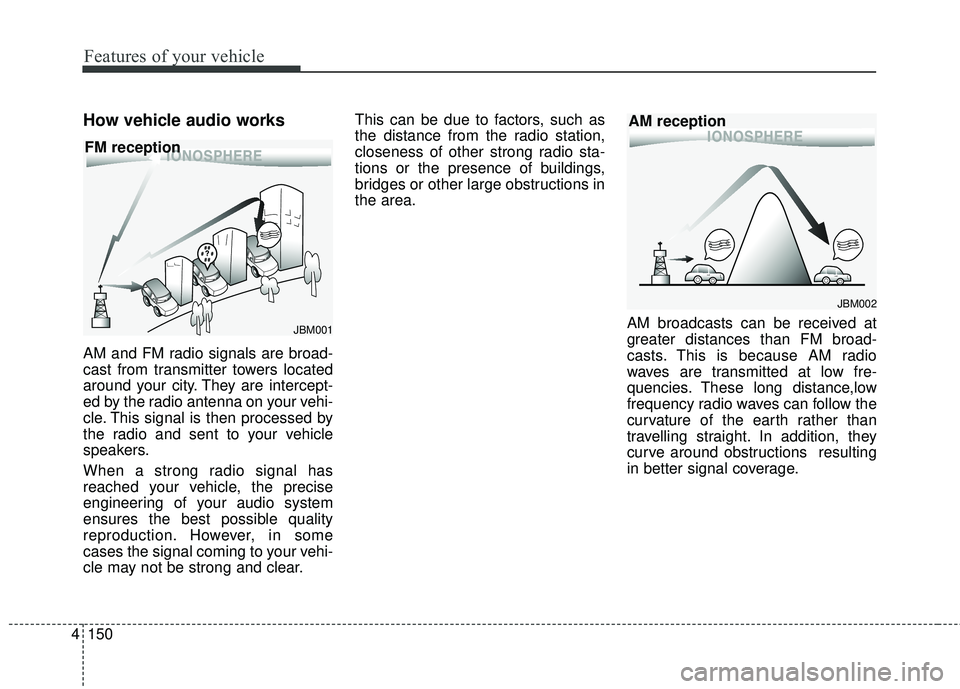 KIA FORTE 2018  Owners Manual How vehicle audio works
AM and FM radio signals are broad-
cast from transmitter towers located
around your city. They are intercept-
ed by the radio antenna on your vehi-
cle. This signal is then pro