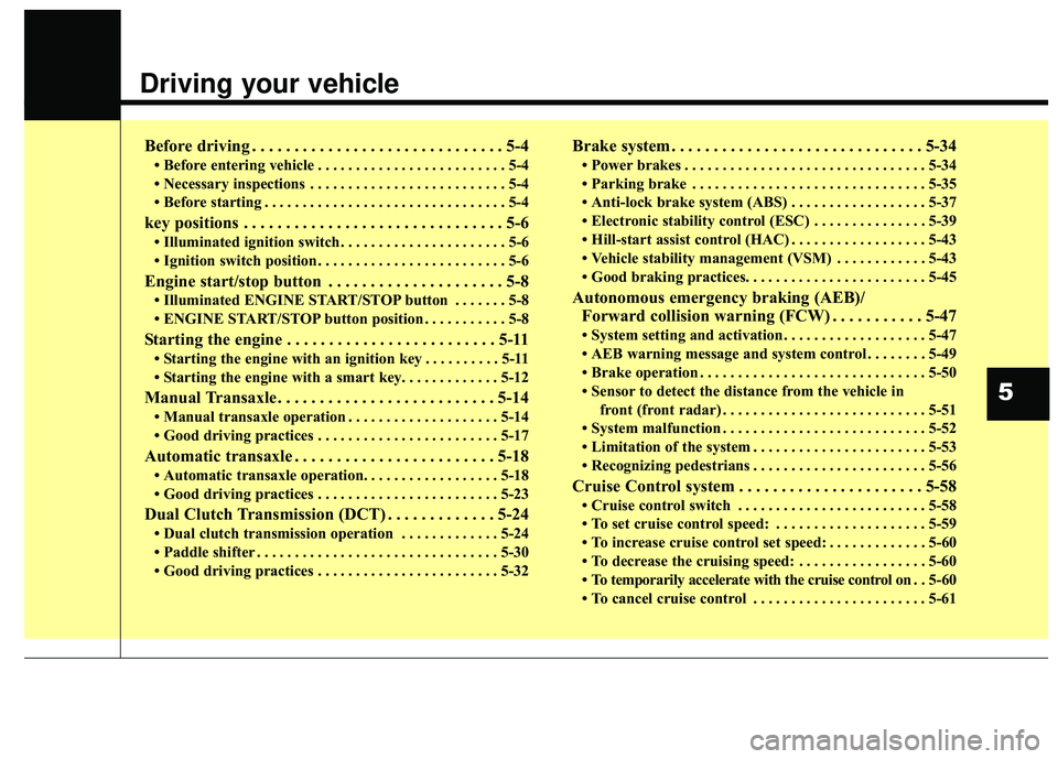 KIA FORTE 2018  Owners Manual Driving your vehicle  
Before driving . . . . . . . . . . . . . . . . . . . . . . . . . . . . . . 5-4
• Before entering vehicle . . . . . . . . . . . . . . . . . . . . . . . . . 5-4
• Necessary in