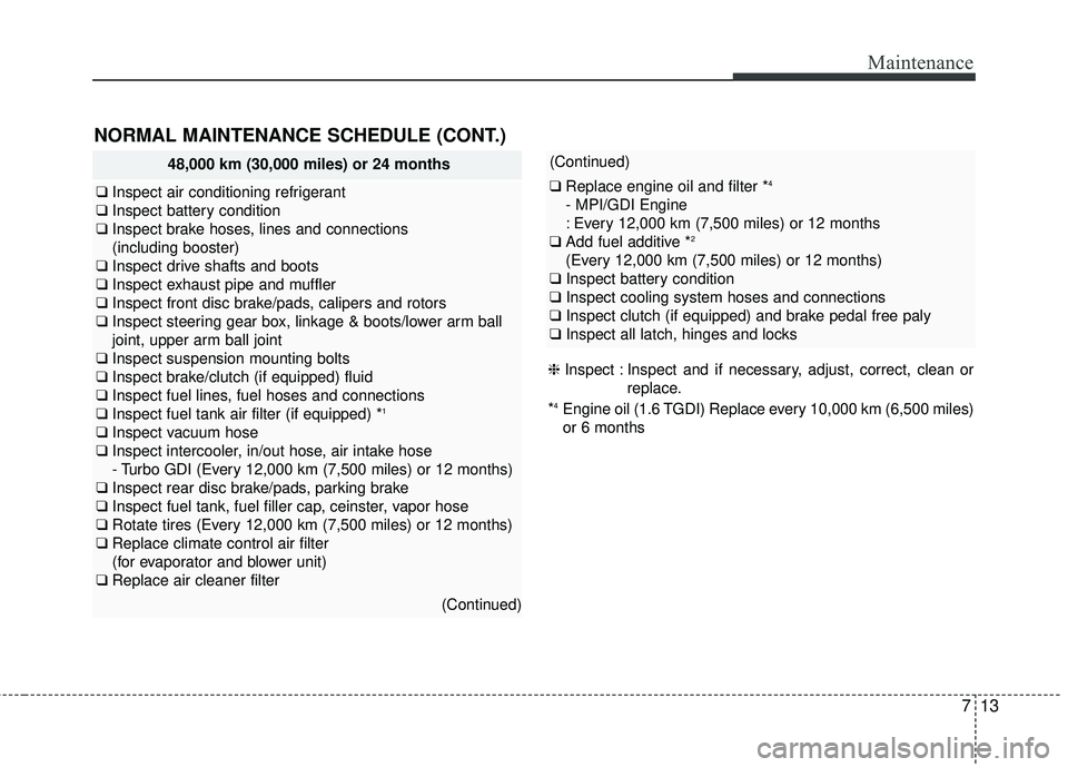 KIA FORTE 2018 Owners Manual 713
Maintenance
48,000 km (30,000 miles) or 24 months
❑Inspect air conditioning refrigerant
❑ Inspect battery condition
❑ Inspect brake hoses, lines and connections
(including booster)
❑ Inspe KIA FORTE 2018 Owners Manual 713
Maintenance
48,000 km (30,000 miles) or 24 months
❑Inspect air conditioning refrigerant
❑ Inspect battery condition
❑ Inspect brake hoses, lines and connections
(including booster)
❑ Inspe