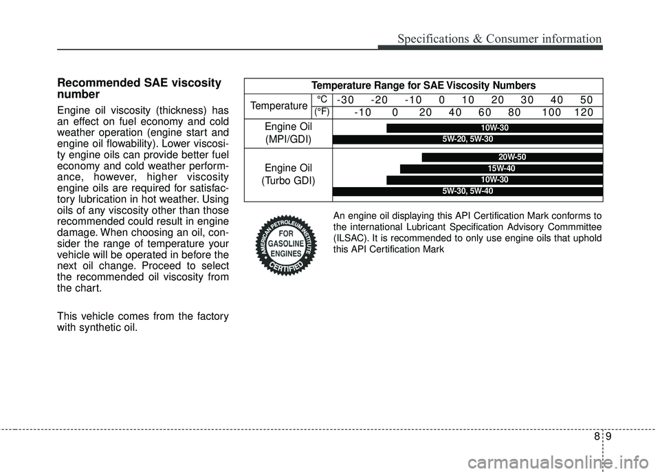 KIA FORTE 2018 Owners Manual 89
Specifications & Consumer information
Recommended SAE viscosity
number
Engine oil viscosity (thickness) has
an effect on fuel economy and cold
weather operation (engine start and
engine oil flow KIA FORTE 2018 Owners Manual 89
Specifications & Consumer information
Recommended SAE viscosity
number
Engine oil viscosity (thickness) has
an effect on fuel economy and cold
weather operation (engine start and
engine oil flow