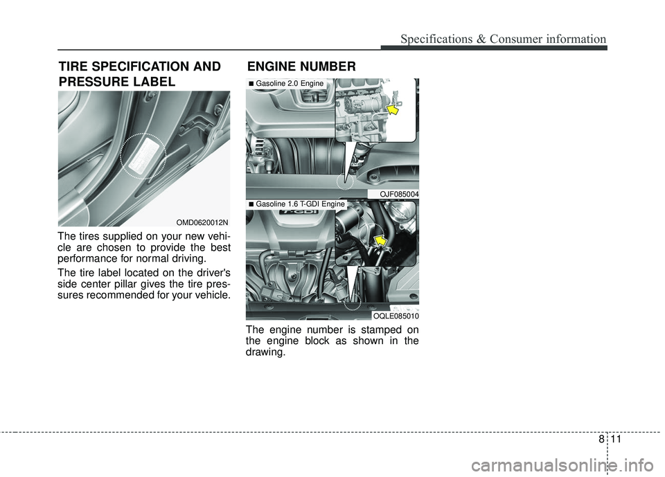 KIA FORTE 2018 Owners Manual 811
Specifications & Consumer information
The tires supplied on your new vehi-
cle are chosen to provide the best
performance for normal driving.
The tire label located on the drivers
side center pil KIA FORTE 2018 Owners Manual 811
Specifications & Consumer information
The tires supplied on your new vehi-
cle are chosen to provide the best
performance for normal driving.
The tire label located on the drivers
side center pil