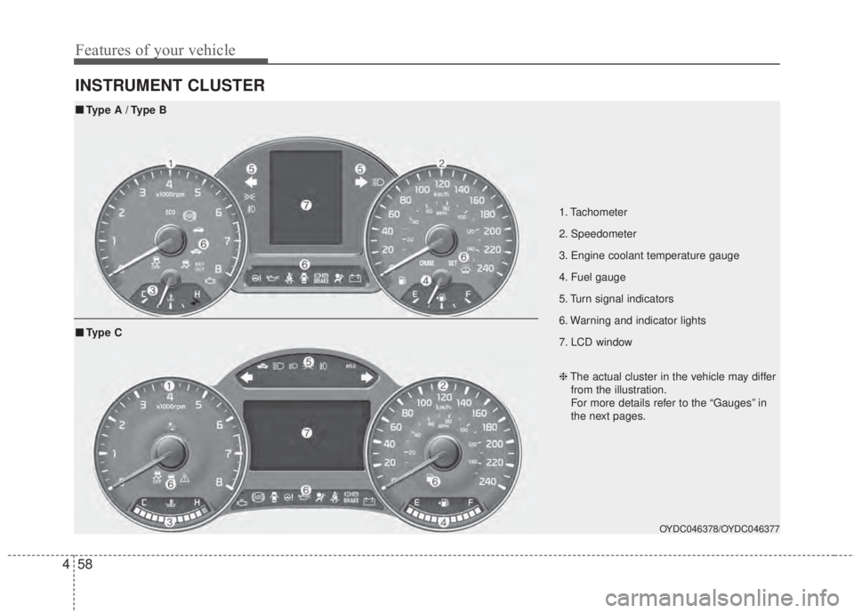 KIA FORTE 2017  Owners Manual Features of your vehicle
58 4
INSTRUMENT CLUSTER
1. Tachometer
2. Speedometer
3. Engine coolant temperature gauge
4. Fuel gauge
5. Turn signal indicators
6. Warning and indicator lights
7. LCD window
