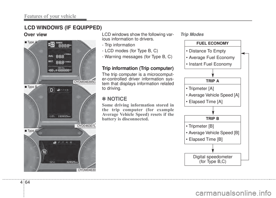 KIA FORTE 2017 Owners Manual Features of your vehicle
64 4
Over viewLCD windows show the following var-
ious information to drivers.
- Trip information
- LCD modes (for Type B, C)
- Warning messages (for Type B, C)
Trip informati KIA FORTE 2017 Owners Manual Features of your vehicle
64 4
Over viewLCD windows show the following var-
ious information to drivers.
- Trip information
- LCD modes (for Type B, C)
- Warning messages (for Type B, C)
Trip informati