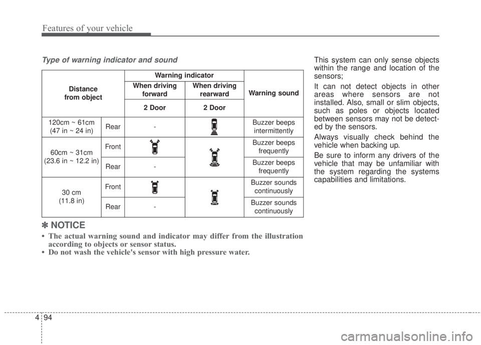 KIA FORTE 2017 Owners Manual Features of your vehicle
94 4
This system can only sense objects
within the range and location of the
sensors;
It can not detect objects in other
areas where sensors are not
installed. Also, small or KIA FORTE 2017 Owners Manual Features of your vehicle
94 4
This system can only sense objects
within the range and location of the
sensors;
It can not detect objects in other
areas where sensors are not
installed. Also, small or