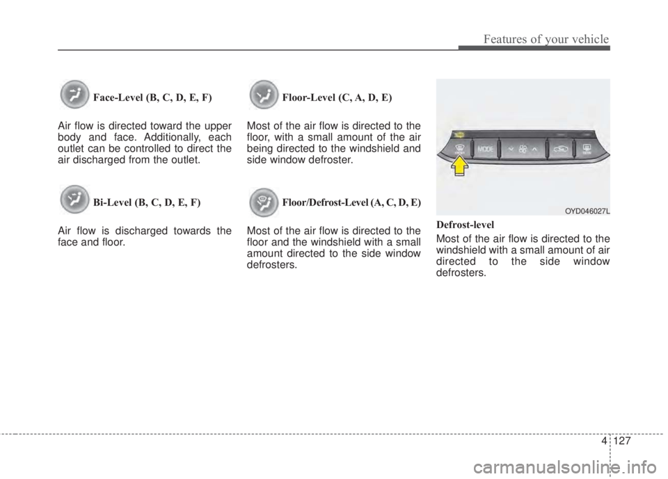 KIA FORTE 2017 Owners Manual 4 127
Features of your vehicle
Face-Level (B, C, D, E, F)
Air flow is directed toward the upper
body and face. Additionally, each
outlet can be controlled to direct the
air discharged from the outlet. KIA FORTE 2017 Owners Manual 4 127
Features of your vehicle
Face-Level (B, C, D, E, F)
Air flow is directed toward the upper
body and face. Additionally, each
outlet can be controlled to direct the
air discharged from the outlet.
