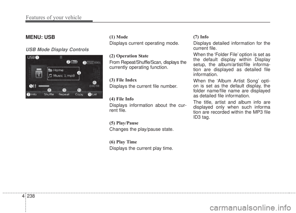 KIA FORTE 2017 Owners Manual 4 238
Features of your vehicle
MENU: USB
USB Mode Display Controls
(1) Mode
Displays current operating mode.
(2) Operation State
From Repeat/Shuffle/Scan, displays the
currently operating function.
(3 KIA FORTE 2017 Owners Manual 4 238
Features of your vehicle
MENU: USB
USB Mode Display Controls
(1) Mode
Displays current operating mode.
(2) Operation State
From Repeat/Shuffle/Scan, displays the
currently operating function.
(3