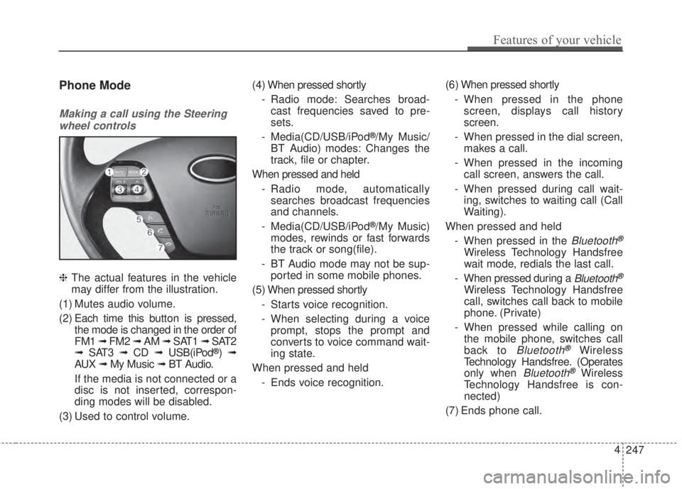 KIA FORTE 2017 Owners Manual 247 4
Features of your vehicle
Phone Mode
Making a call using the Steering
wheel controls
❈The actual features in the vehicle
may differ from the illustration.
(1) Mutes audio volume.
(2) Each time 