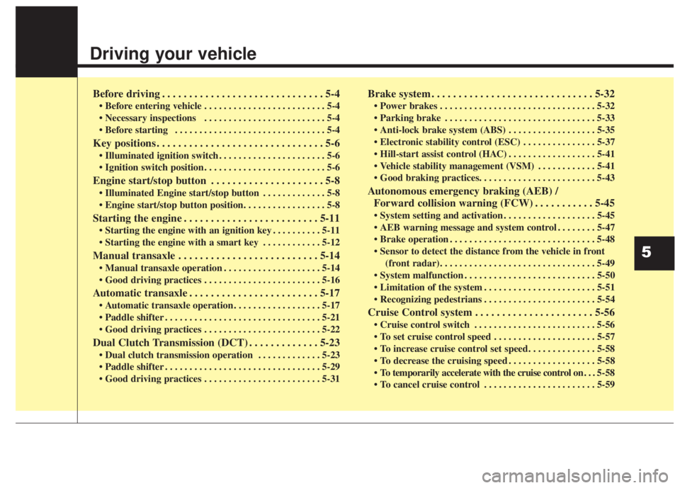 KIA FORTE 2017  Owners Manual Driving your vehicle  
Before driving . . . . . . . . . . . . . . . . . . . . . . . . . . . . . . 5-4
• Before entering vehicle . . . . . . . . . . . . . . . . . . . . . . . . . 5-4
• Necessary in