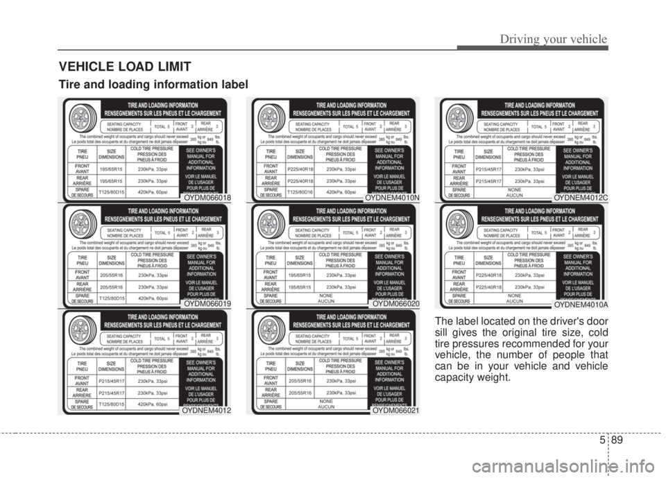 KIA FORTE 2017 Owners Manual 589
Driving your vehicle
The label located on the drivers door
sill gives the original tire size, cold
tire pressures recommended for your
vehicle, the number of people that
can be in your vehicle an KIA FORTE 2017 Owners Manual 589
Driving your vehicle
The label located on the drivers door
sill gives the original tire size, cold
tire pressures recommended for your
vehicle, the number of people that
can be in your vehicle an