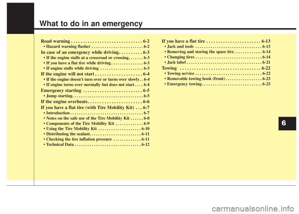 KIA FORTE 2017  Owners Manual What to do in an emergency
Road warning . . . . . . . . . . . . . . . . . . . . . . . . . . . . . . 6-2
• Hazard warning flasher . . . . . . . . . . . . . . . . . . . . . . . . 6-2
In case of an eme