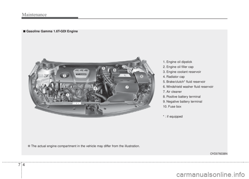 KIA FORTE 2017 Owners Manual Maintenance
4 7
OYD076038N
■Gasoline Gamma 1.6T-GDI Engine
❈The actual engine compartment in the vehicle may differ from the illustration.1. Engine oil dipstick
2. Engine oil filler cap
3. Engine KIA FORTE 2017 Owners Manual Maintenance
4 7
OYD076038N
■Gasoline Gamma 1.6T-GDI Engine
❈The actual engine compartment in the vehicle may differ from the illustration.1. Engine oil dipstick
2. Engine oil filler cap
3. Engine