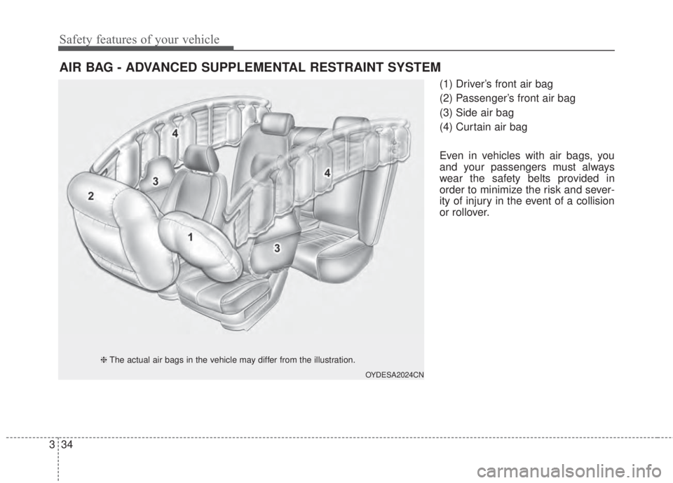 KIA FORTE 2017 Service Manual Safety features of your vehicle
34 3
(1) Driver’s front air bag
(2) Passenger’s front air bag
(3) Side air bag
(4) Curtain air bag
Even in vehicles with air bags, you
and your passengers must alwa