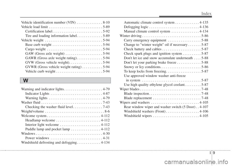 KIA FORTE 2017  Owners Manual I9
Index
Vehicle identification number (VIN) . . . . . . . . . . . . . . 8-10
Vehicle load limit . . . . . . . . . . . . . . . . . . . . . . . . . . . . . 5-89
Certification label . . . . . . . . . . 
