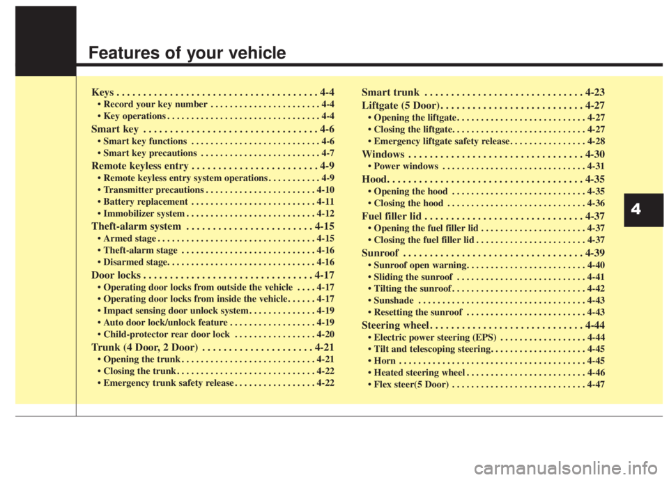 KIA FORTE 2017  Owners Manual Features of your vehicle
Keys . . . . . . . . . . . . . . . . . . . . . . . . . . . . . . . . . . . . . . 4-4
• Record your key number . . . . . . . . . . . . . . . . . . . . . . . 4-4
• Key opera