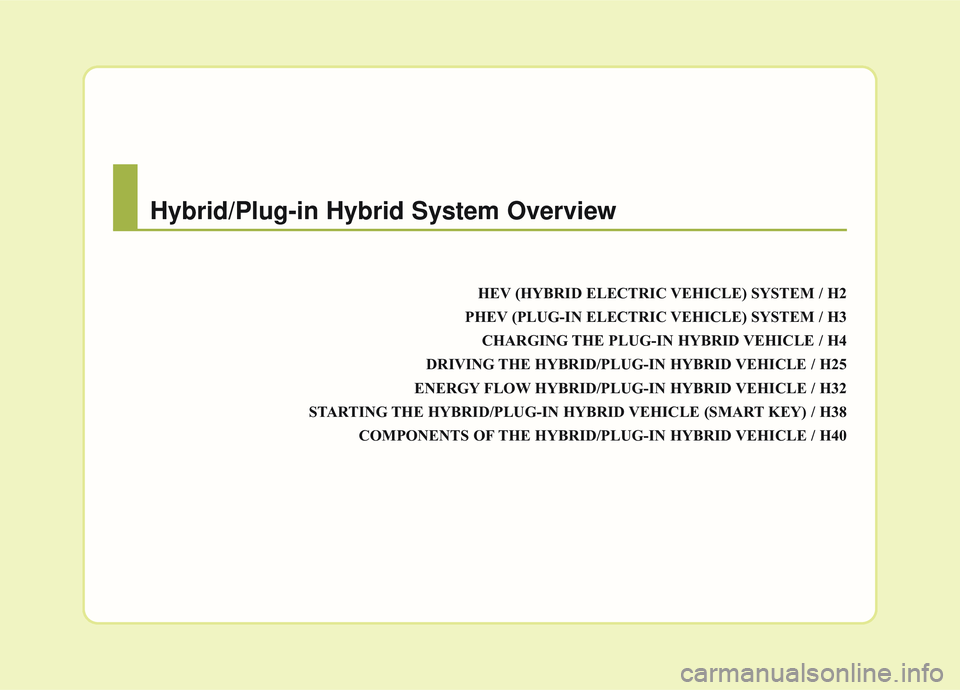 KIA OPTIMA 2020  Owners Manual HEV (HYBRID ELECTRIC VEHICLE) SYSTEM / H2
PHEV (PLUG-IN ELECTRIC VEHICLE) SYSTEM / H3 CHARGING THE PLUG-IN HYBRID VEHICLE / H4
DRIVING THE HYBRID/PLUG-IN HYBRID VEHICLE / H25
ENERGY FLOW HYBRID/PLUG-I