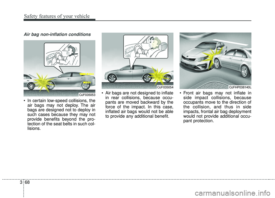 KIA OPTIMA 2020 Owners Manual Safety features of your vehicle
68
3
Air bag non-inflation conditions
In certain low-speed collisions, the
air bags may not deploy. The air
bags are designed not to deploy in
such cases because they KIA OPTIMA 2020 Owners Manual Safety features of your vehicle
68
3
Air bag non-inflation conditions
In certain low-speed collisions, the
air bags may not deploy. The air
bags are designed not to deploy in
such cases because they