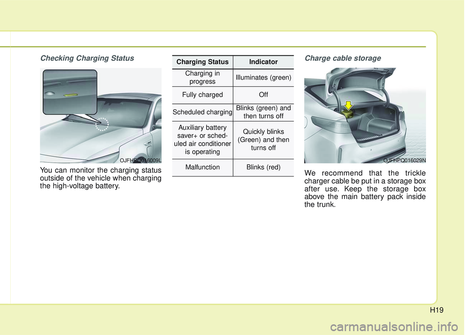 KIA OPTIMA 2020 User Guide H19
Checking Charging Status
You can monitor the charging status
outside of the vehicle when charging
the high-voltage battery.
Charge cable storage
We recommend that the trickle
charger cable be put KIA OPTIMA 2020 User Guide H19
Checking Charging Status
You can monitor the charging status
outside of the vehicle when charging
the high-voltage battery.
Charge cable storage
We recommend that the trickle
charger cable be put