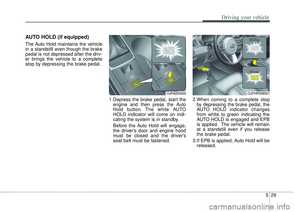 KIA OPTIMA 2020  Owners Manual 529
Driving your vehicle
AUTO HOLD (if equipped)
The Auto Hold maintains the vehicle
in a standstill even though the brake
pedal is not depressed after the driv-
er brings the vehicle to a complete
st