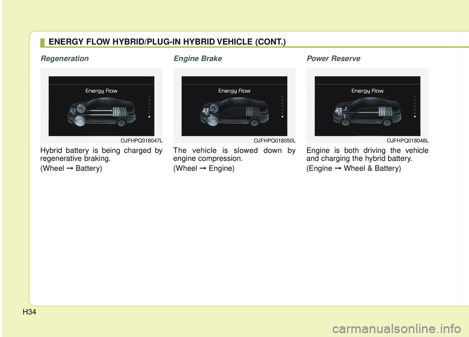 KIA OPTIMA 2020  Owners Manual H34
Regeneration
Hybrid battery is being charged by
regenerative braking.
(Wheel \bBattery)
Engine Brake
The vehicle is slowed down by
engine compression.
(Wheel  \bEngine)
Power Reserve
Engine is bot
