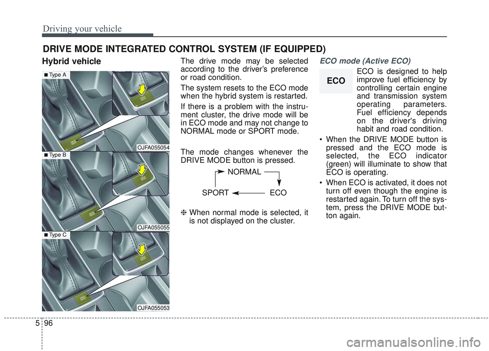 KIA OPTIMA 2020  Owners Manual Driving your vehicle
96
5
Hybrid vehicleThe drive mode may be selected
according to the driver’s preference
or road condition.
The system resets to the ECO mode
when the hybrid system is restarted.
