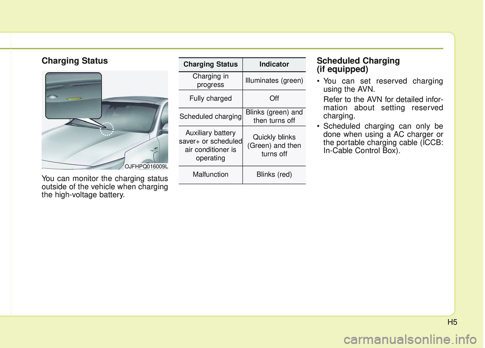 KIA OPTIMA 2020  Owners Manual H5
Charging Status 
You can monitor the charging status
outside of the vehicle when charging
the high-voltage battery.
Scheduled Charging 
(if equipped)
 You can set reserved chargingusing the AVN.
Re