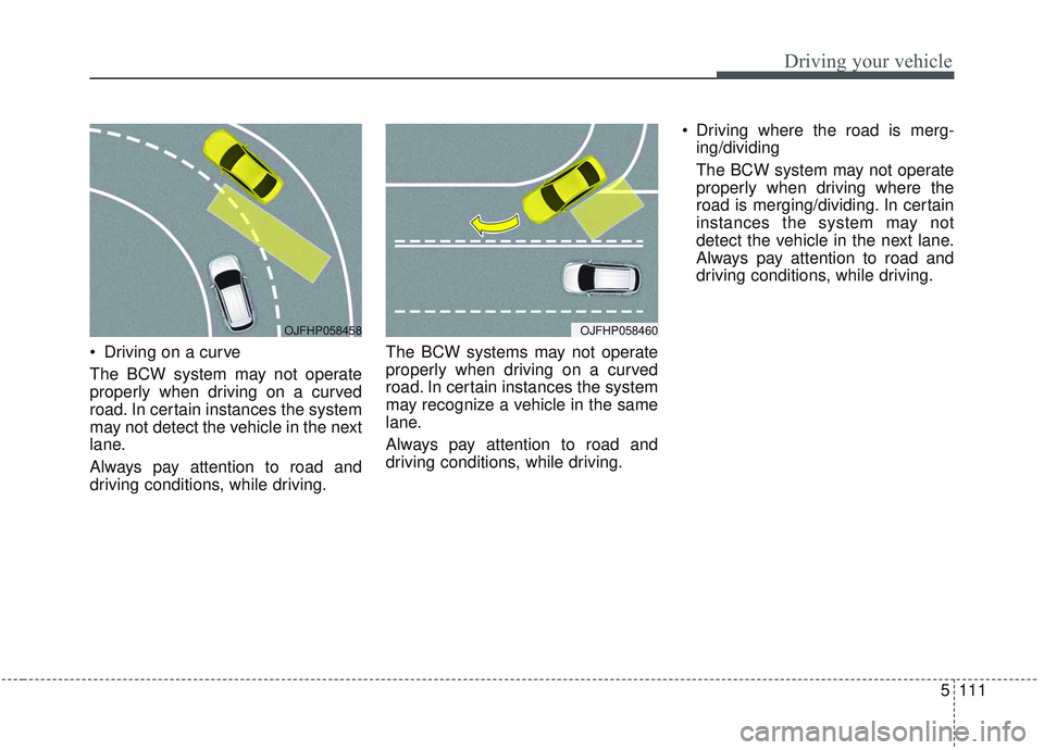 KIA OPTIMA 2020 Owners Manual 5111
Driving your vehicle
Driving on a curve
The BCW system may not operate
properly when driving on a curved
road. In certain instances the system
may not detect the vehicle in the next
lane.
Always KIA OPTIMA 2020 Owners Manual 5111
Driving your vehicle
Driving on a curve
The BCW system may not operate
properly when driving on a curved
road. In certain instances the system
may not detect the vehicle in the next
lane.
Always