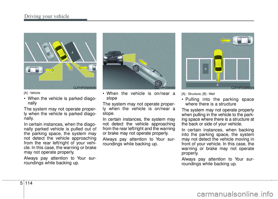 KIA OPTIMA 2020  Owners Manual Driving your vehicle
114
5
[A] : Vehicle
 When the vehicle is parked diago-
nally
The system may not operate proper-
ly when the vehicle is parked diago-
nally.
In certain instances, when the diago-
n