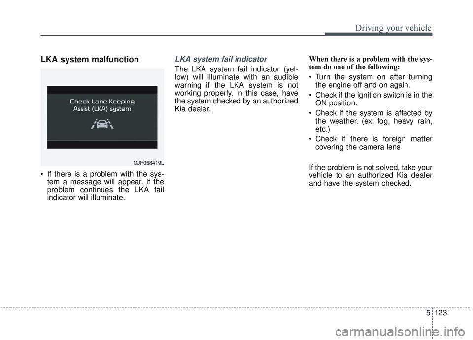 KIA OPTIMA 2020  Owners Manual 5123
Driving your vehicle
LKA system malfunction
 If there is a problem with the sys-tem a message will appear. If the
problem continues the LKA fail
indicator will illuminate.
LKA system fail indicat