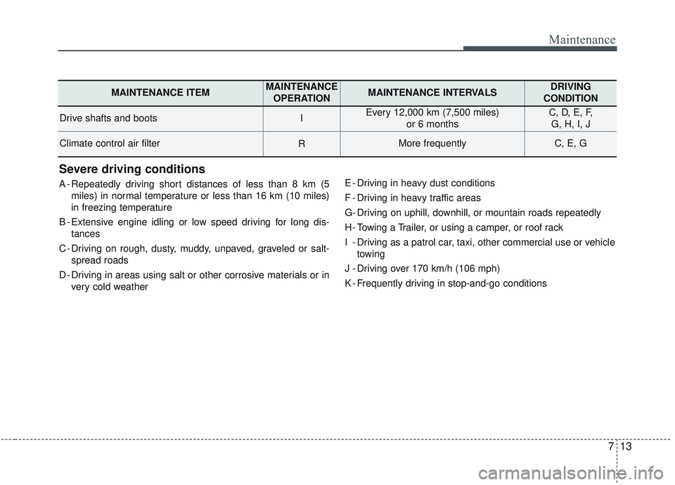 KIA OPTIMA 2020 Owners Manual 713
Maintenance
Severe driving conditions
A - Repeatedly driving short distances of less than 8 km (5miles) in normal temperature or less than 16 km (10 miles)
in freezing temperature
B - Extensive en KIA OPTIMA 2020 Owners Manual 713
Maintenance
Severe driving conditions
A - Repeatedly driving short distances of less than 8 km (5miles) in normal temperature or less than 16 km (10 miles)
in freezing temperature
B - Extensive en