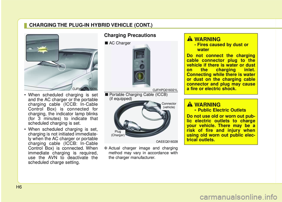 KIA OPTIMA 2020  Owners Manual H6 When scheduled charging is set
and the AC charger or the portable
charging cable (ICCB: In-Cable
Control Box) is connected for
charging, the indicator lamp blinks
(for 3 minutes) to indicate that
s