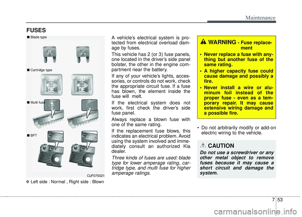 KIA OPTIMA 2020  Owners Manual 753
Maintenance
FUSES
❈Left side : Normal , Right side : Blown
A vehicle’s electrical system is pro-
tected from electrical overload dam-
age by fuses.
This vehicle has 2 (or 3) fuse panels,
one l