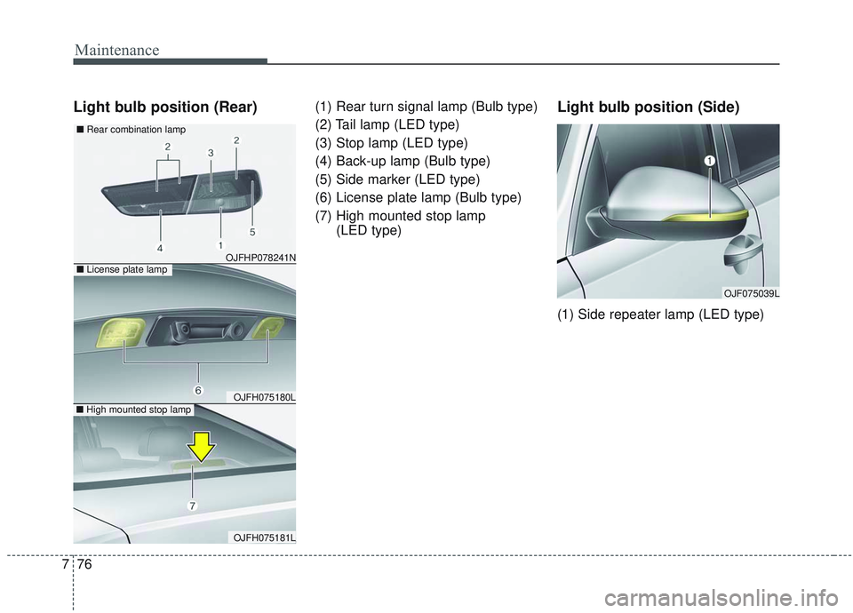 KIA OPTIMA 2020  Owners Manual Maintenance
76
7
Light bulb position (Rear)(1) Rear turn signal lamp (Bulb type)
(2) Tail lamp (LED type)
(3) Stop lamp (LED type)
(4) Back-up lamp (Bulb type)
(5) Side marker (LED type)
(6) License p