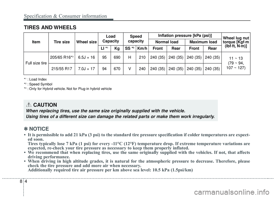 KIA OPTIMA 2020  Owners Manual 48
Specification & Consumer information
TIRES AND WHEELS
CAUTION
When replacing tires, use the same size originally supplied with the vehicle.Using tires of a different size can damage the related par