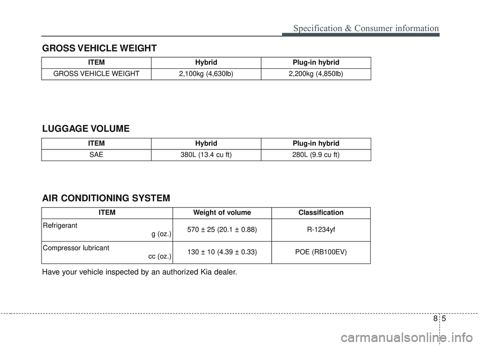 KIA OPTIMA 2020  Owners Manual 85
Specification & Consumer information
GROSS VEHICLE WEIGHT
AIR CONDITIONING SYSTEM LUGGAGE VOLUME
Have your vehicle inspected by an authorized Kia dealer.
ITEMHybridPlug-in hybrid
SAE380L (13.4 cu f