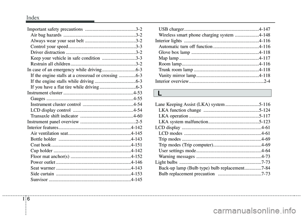 KIA OPTIMA 2020  Owners Manual Index
6I
Important safety precautions ..........................................3-2Air bag hazards ............................................................3-2
Always wear your seat belt ..........