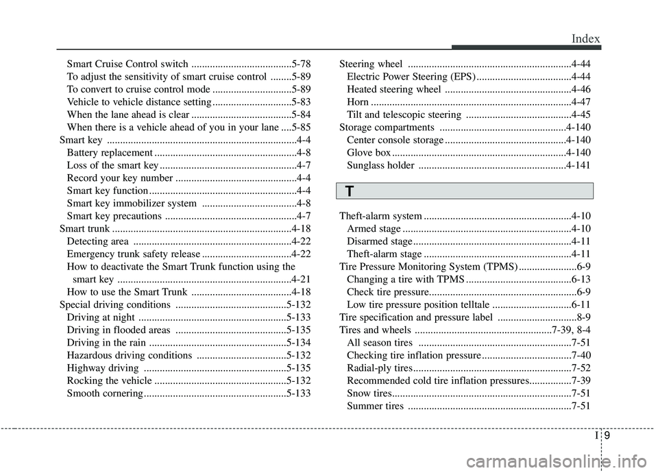 KIA OPTIMA 2020  Owners Manual I9
Index
Smart Cruise Control switch ......................................5-78
To adjust the sensitivity of smart cruise control ........5-89
To convert to cruise control mode .......................