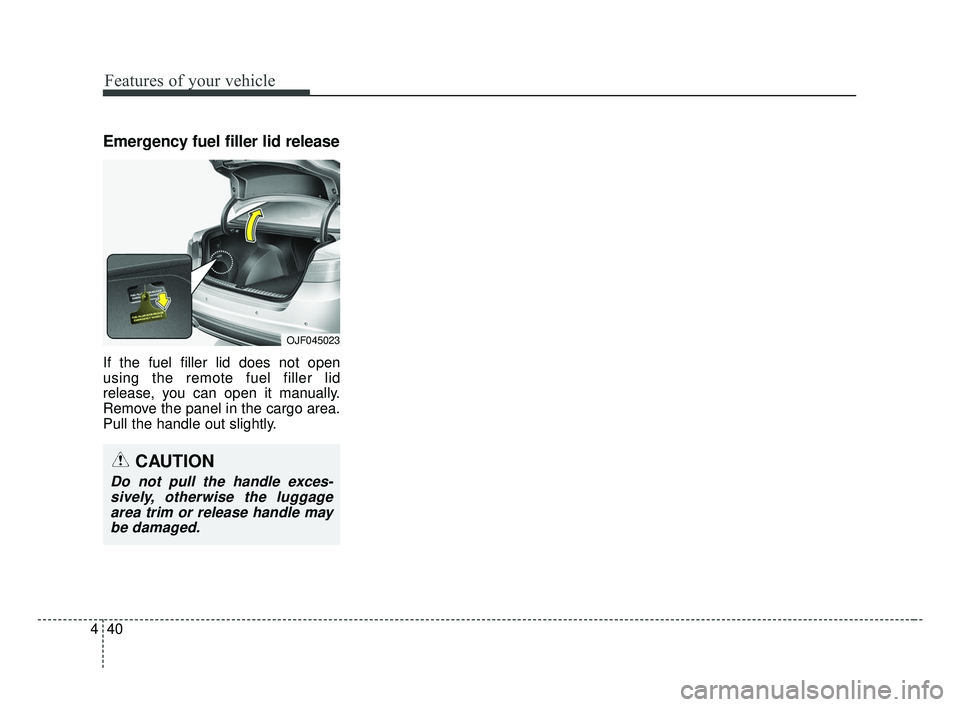 KIA OPTIMA 2017 Owners Manual Features of your vehicle
40
4
Emergency fuel filler lid release
If the fuel filler lid does not open
using the remote fuel filler lid
release, you can open it manually.
Remove the panel in the cargo a KIA OPTIMA 2017 Owners Manual Features of your vehicle
40
4
Emergency fuel filler lid release
If the fuel filler lid does not open
using the remote fuel filler lid
release, you can open it manually.
Remove the panel in the cargo a