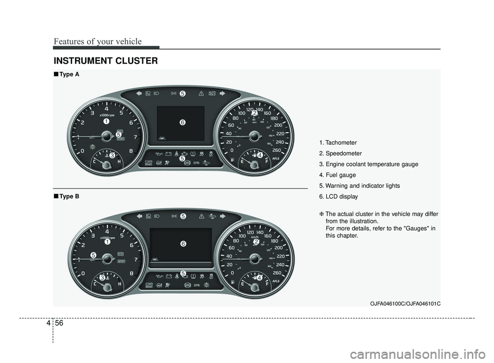 KIA OPTIMA 2017 Owners Manual Features of your vehicle
56
4
INSTRUMENT CLUSTER
1. Tachometer
2. Speedometer
3. Engine coolant temperature gauge
4. Fuel gauge
5. Warning and indicator lights
6. LCD display
OJFA046100C/OJFA046101C
KIA OPTIMA 2017 Owners Manual Features of your vehicle
56
4
INSTRUMENT CLUSTER
1. Tachometer
2. Speedometer
3. Engine coolant temperature gauge
4. Fuel gauge
5. Warning and indicator lights
6. LCD display
OJFA046100C/OJFA046101C