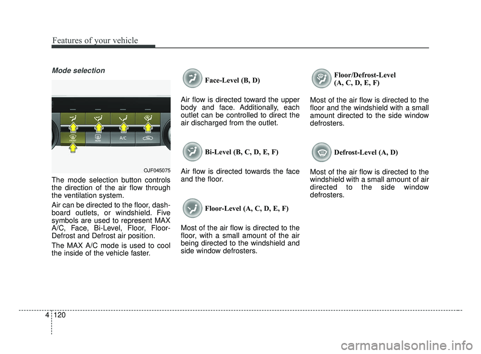 KIA OPTIMA 2017 Owners Manual Features of your vehicle
120
4
Mode selection
The mode selection button controls
the direction of the air flow through
the ventilation system.
Air can be directed to the floor, dash-
board outlets, or KIA OPTIMA 2017 Owners Manual Features of your vehicle
120
4
Mode selection
The mode selection button controls
the direction of the air flow through
the ventilation system.
Air can be directed to the floor, dash-
board outlets, or