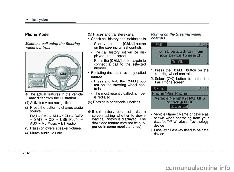 KIA OPTIMA 2017  Owners Manual Audio system
32
5
Phone Mode
Making a call using the Steering
wheel controls
❈ The actual features in the vehicle
may differ from the illustration.
(1) Activates voice recognition.
(2) Press the but