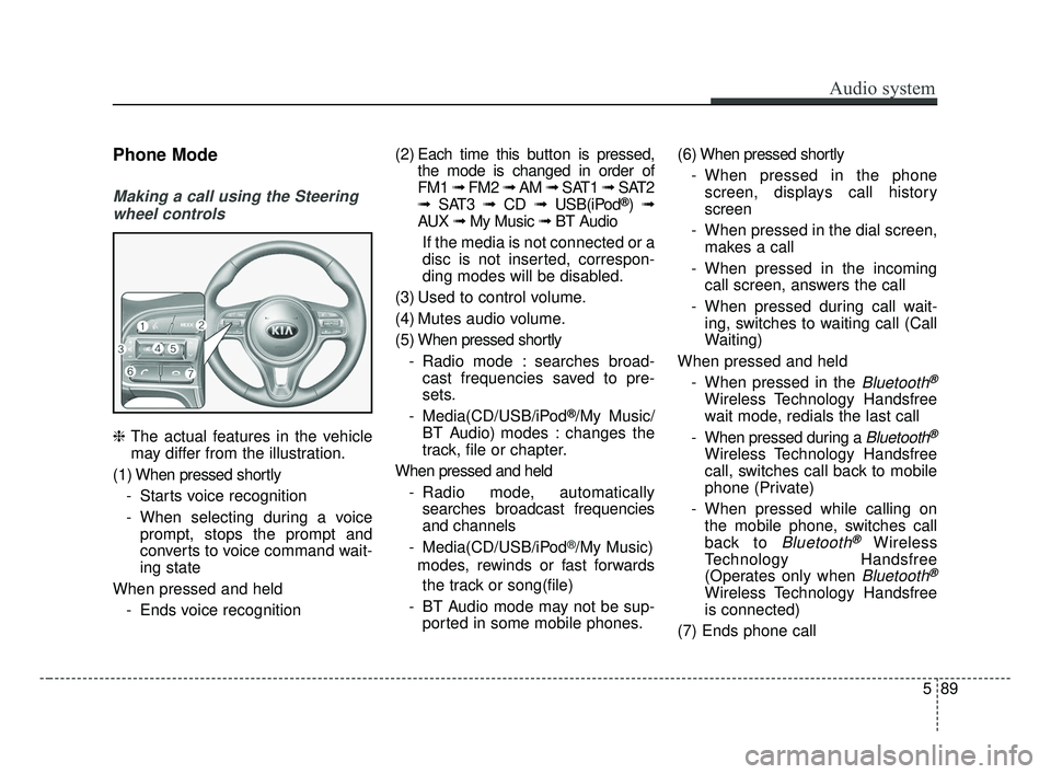 KIA OPTIMA 2017  Owners Manual Audio system
589
Phone Mode
Making a call using the Steeringwheel controls
❈ The actual features in the vehicle
may differ from the illustration.
(1) When pressed shortly - Starts voice recognition
