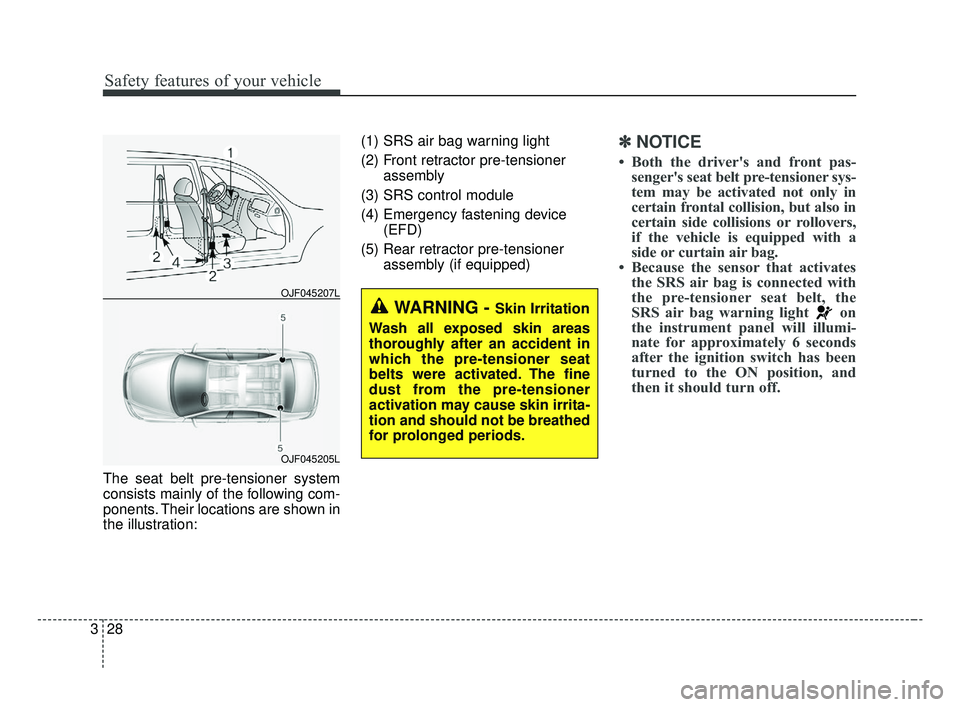 KIA OPTIMA 2017  Owners Manual Safety features of your vehicle
28
3
The seat belt pre-tensioner system
consists mainly of the following com-
ponents. Their locations are shown in
the illustration: (1) SRS air bag warning light
(2) 